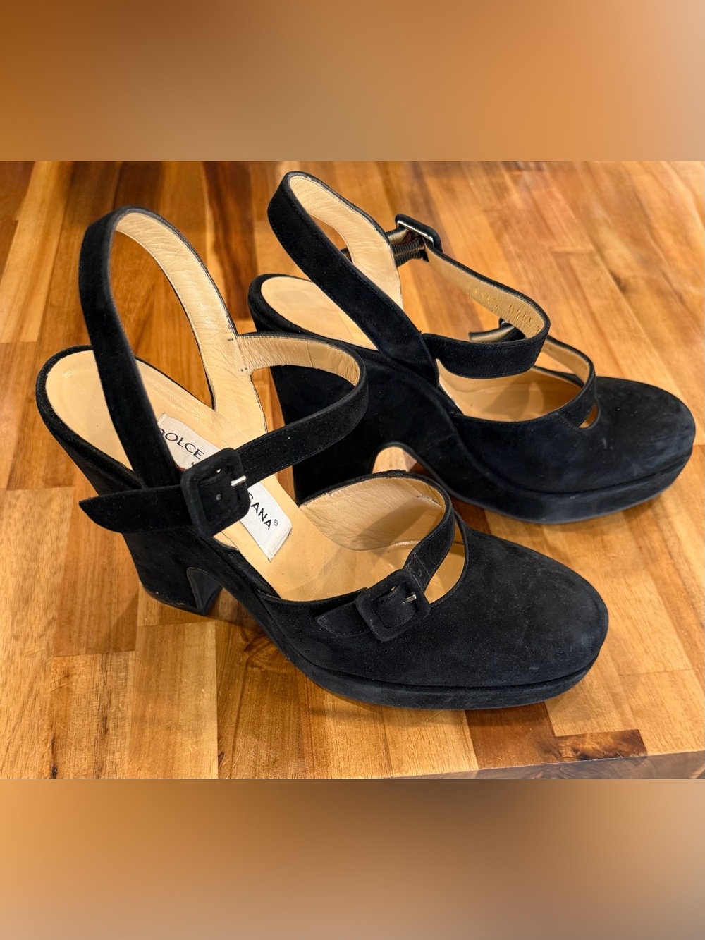 Vintage DOLCE & GABBANA Black Suede Mary Jane Platform Heels, Size 39